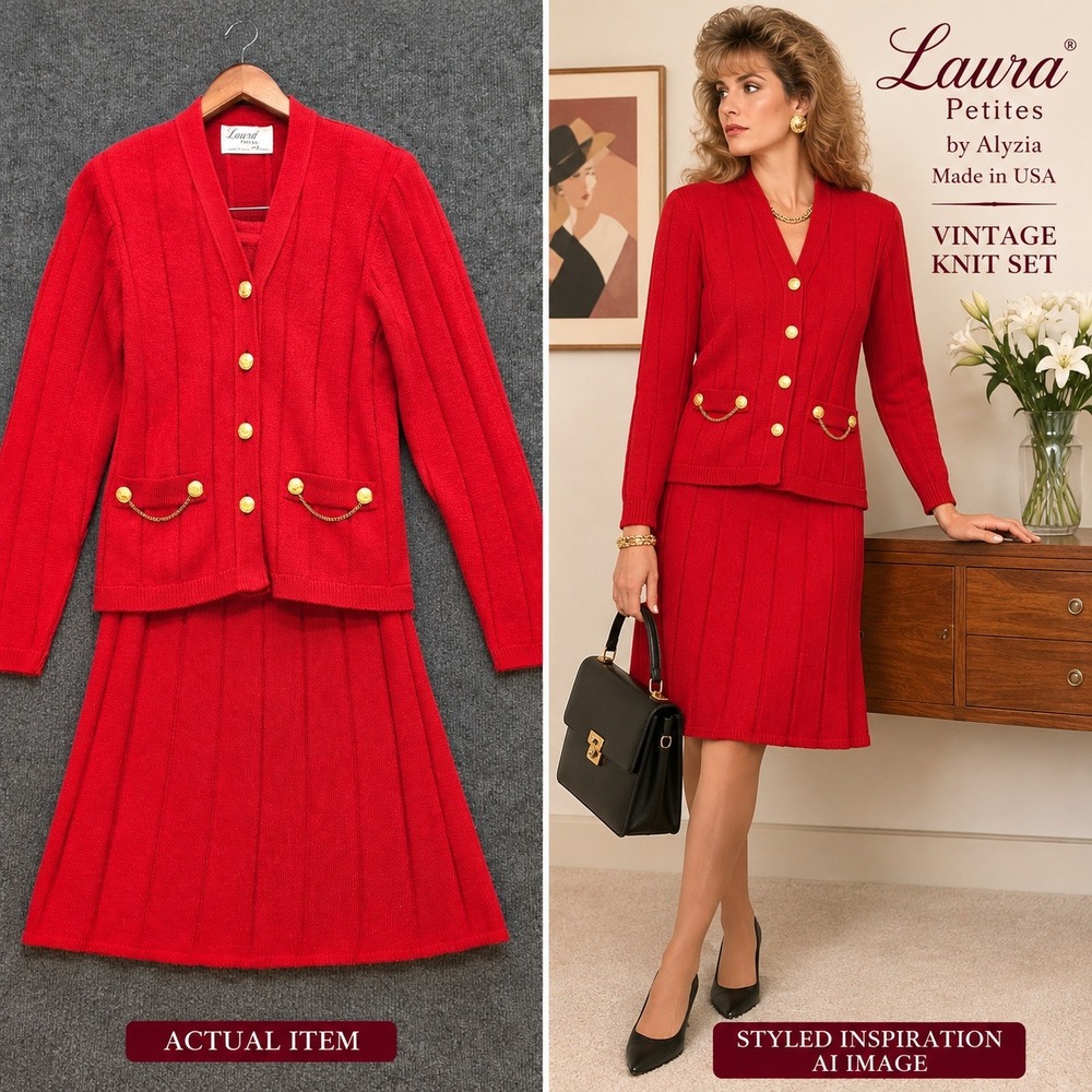 Laura Petites Skirt Set Women 4 Red Excellent Vintage Ribbed Gold Button USA